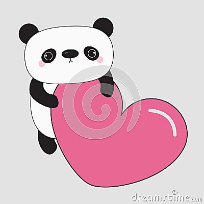 Kawaii panda baby bear. Cute cartoon character holding big pink heart. Vector Illustration