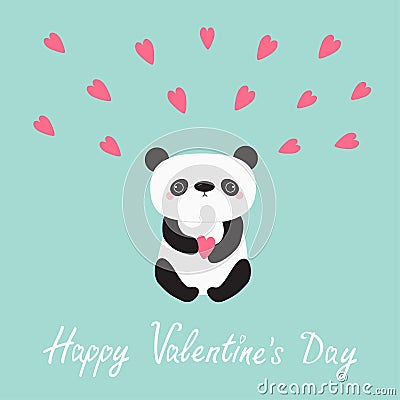 Kawaii Panda baby bear. Cute cartoon character holding pink heart. Happy Valentines day text. Love greeting card. Flat design. Vector Illustration