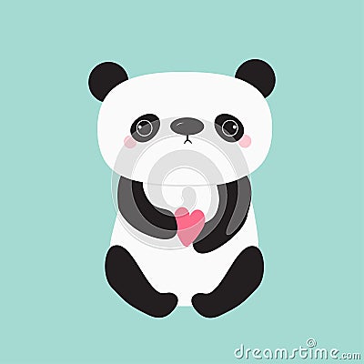 Kawaii panda baby bear. Cute cartoon character holding pink little heart. Wild animal collection for kids. Blue background. Love Vector Illustration