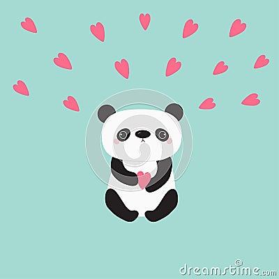 Kawaii panda baby bear. Cute cartoon character holding pink little hearts. Vector Illustration