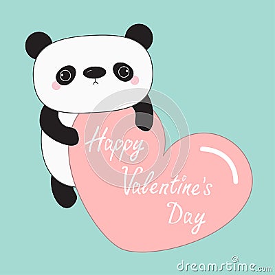 Kawaii panda baby bear. Happy Valentines Day. Cute cartoon character holding big pink heart. Vector Illustration