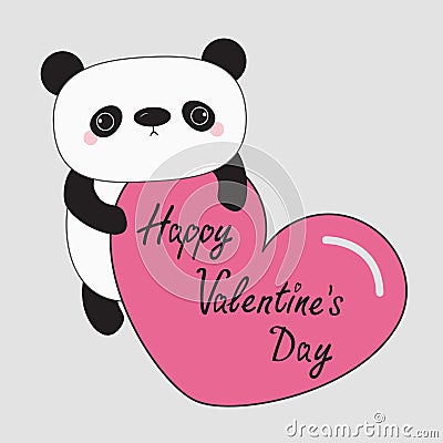 Kawaii panda baby bear. Happy Valentines Day. Cute cartoon character holding big pink heart. Vector Illustration