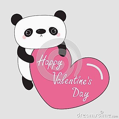 Kawaii panda baby bear. Happy Valentines Day text. Cute cartoon character holding big pink heart. Wild animal collection for Vector Illustration