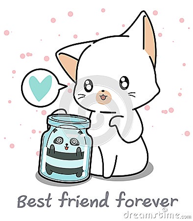 Kawaii panda in the bottle and giant cat Vector Illustration