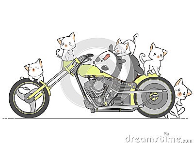 Kawaii panda and cats and motorcycle Vector Illustration