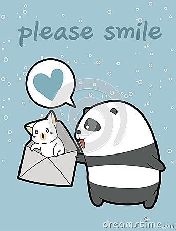 Kawaii panda is holding cat in the envelope Vector Illustration