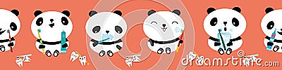 Kawaii panda kids dental health care vector educational seamless border. Banner with cute cartoon bears and toothbrush Vector Illustration