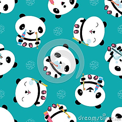 Kawaii panda kids dental health care vector educational seamless pattern background. Cute cartoon bears with toothbrush Vector Illustration