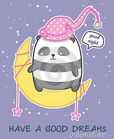 Kawaii panda on the moon says good night Vector Illustration