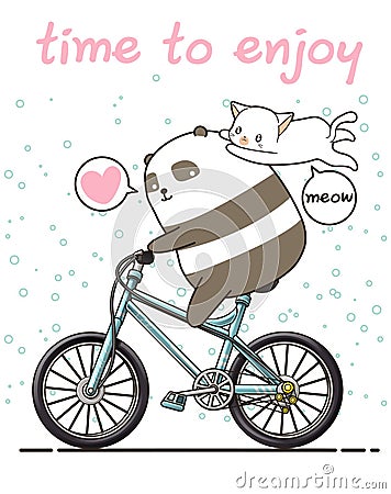 Kawaii panda is riding a bicycle with a cat Vector Illustration