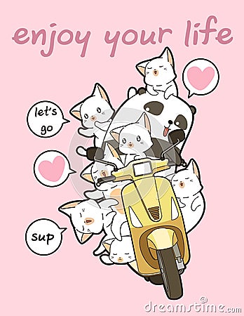 Kawaii panda is riding motorcycle with friends Vector Illustration