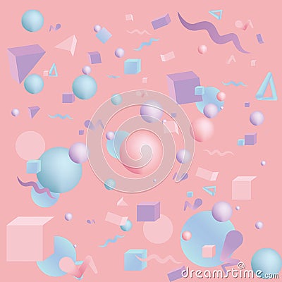 Kawaii pattern of 3d figures realistic primitives composition Vector Illustration