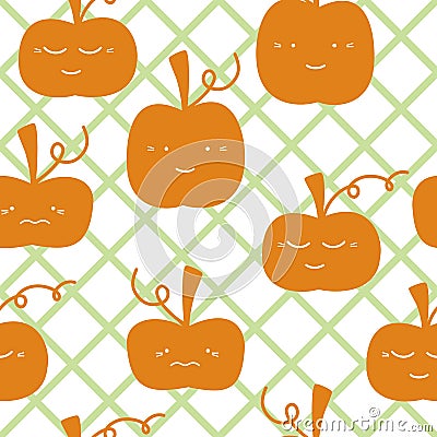 Kawaii pumkins pattern, orange and green. Stock Photo