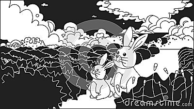 Kawaii rabbits black and white cute chill lo fi wallpaper Vector Illustration