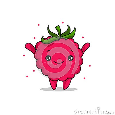 Kawaii raspberry cartoon vector illustration, cute summer berry smiling for logo, poster, banner, logo, icon, textile print, kids Vector Illustration