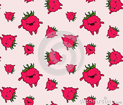 Kawaii raspberry seamless pattern fun cartoon vector illustration, cute summer berry smiling for poster, banner, icon Vector Illustration