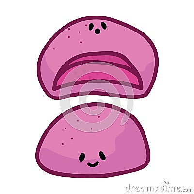 Kawaii sakura mochi vector with face. Strawberry daifuku Japanese snack clipart Stock Photo