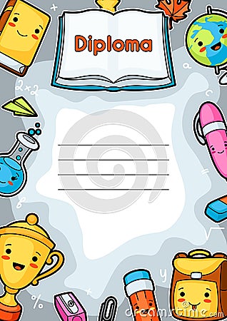 Kawaii school diploma with cute education supplies Vector Illustration