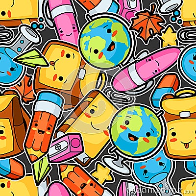 Kawaii school seamless pattern with cute education supplies Vector Illustration