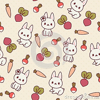 Kawaii seamless pattern with bunnies and vegetables Vector Illustration