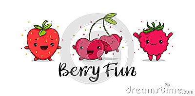 Kawaii set of Strawberry, raspberry and cherry fun cartoon vector illustration, cute summer berry smiling for logo Vector Illustration