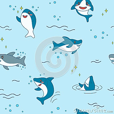 Kawaii Shark Seamless Pattern. Cute Funny Sharks Nautical Background with Sea Creatures and Marine Life for Wallpaper Vector Illustration