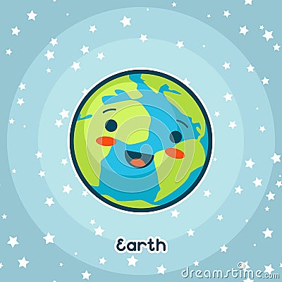 Kawaii space card. Doodle with pretty facial expression. Illustration of cartoon earth in starry sky Vector Illustration