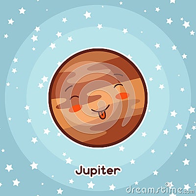 Kawaii space card. Doodle with pretty facial expression. Illustration of cartoon jupiter in starry sky Vector Illustration