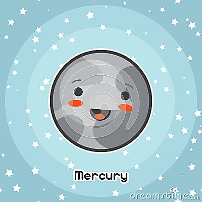 Kawaii space card. Doodle with pretty facial expression. Illustration of cartoon mercury in starry sky Vector Illustration