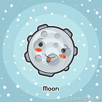 Kawaii space card. Doodle with pretty facial expression. Illustration of cartoon moon in starry sky Vector Illustration