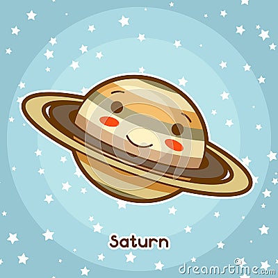Kawaii space card. Doodle with pretty facial expression. Illustration of cartoon saturn in starry sky Vector Illustration