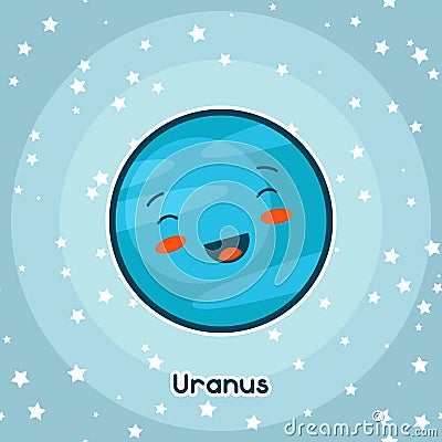 Kawaii space card. Doodle with pretty facial expression. Illustration of cartoon uranus in starry sky Vector Illustration