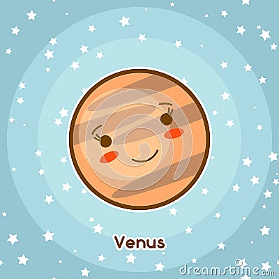 Kawaii space card. Doodle with pretty facial expression. Illustration of cartoon venus in starry sky Vector Illustration