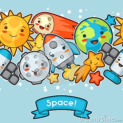 Kawaii space seamless pattern. Doodles with pretty facial expression. Illustration of cartoon sun, earth, moon, rocket Vector Illustration