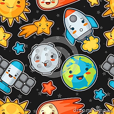 Kawaii space seamless pattern. Doodles with pretty facial expression. Illustration of cartoon sun, earth, moon, rocket Vector Illustration