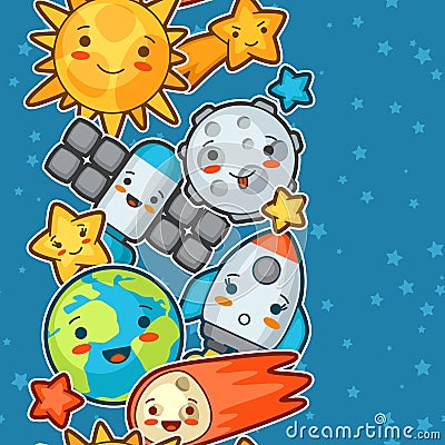 Kawaii space seamless pattern. Doodles with pretty facial expression. Illustration of cartoon sun, earth, moon, rocket Vector Illustration