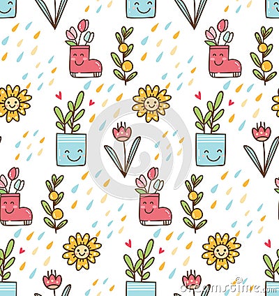 Kawaii spring with flower and bird background Stock Photo