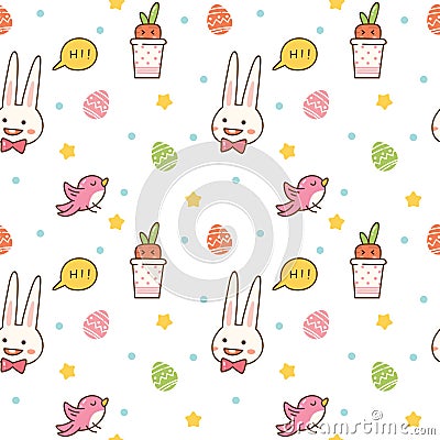 Kawaii spring seamless pattern with bunny, egg hunting, bird and carrot Stock Photo