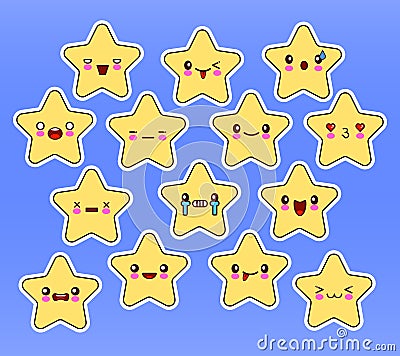 Kawaii stars set, face with eyes, yellow color on blue background. Vector Illustration