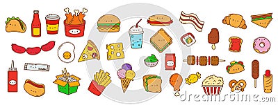 Kawaii Sticker Fast Food Set. Collection of Cute Kawaii Food Illustrations. Vector Illustration