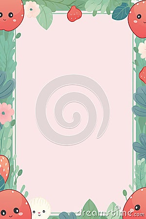 kawaii strawberry border with leaves and flowers Stock Photo