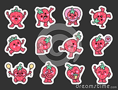 Kawaii strawberry character. Sticker Bookmark Vector Illustration