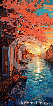 Kawaii Street Art Style Spring Sunset Painting Over River By Bridge Stock Photo