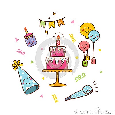 Kawaii style birthday doodle isolated on white background Stock Photo