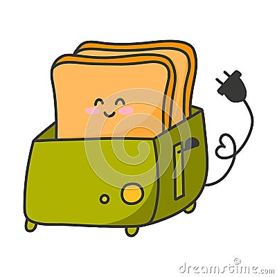 Kawaii style toaster. Vector illustration. Toaster with toast character. Vector Illustration