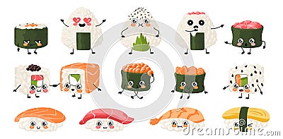 Kawaii sushi. Japanese rice food with cute manga style faces. Happy mascots of Asian dish with fish, seafood and sauces Vector Illustration