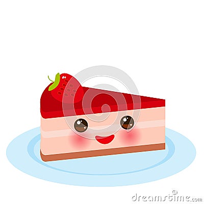 Kawaii Sweet cake decorated with fresh Strawberry, pink cream and chocolate icing, piece of cake on the blue plate, pastel colors Vector Illustration