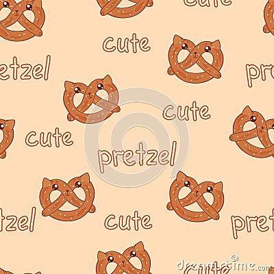 Kawaii sweet pretzel cat with sesame seamless pattern, cute cartoon funny characters, editable vector illustration for fabric Vector Illustration