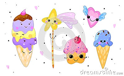Kawaii sweets set. Ice-cream, cupcake, heart and star isolated o Vector Illustration