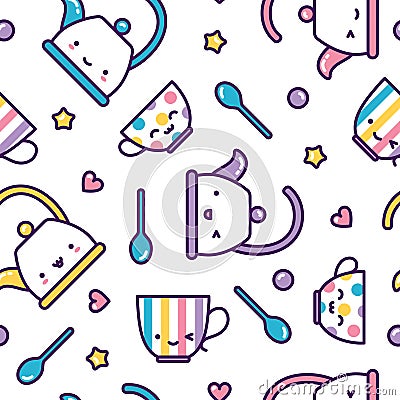 Kawaii tea cups and kettles seamless pattern cute pastel Vector Illustration